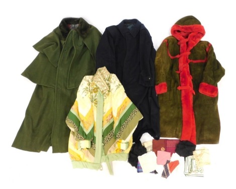 Various coats, to include a green suede coat with red trim and red faux fur hood and lining, a quilted jacket, blue wool overcoat, etc., sizes unknown.