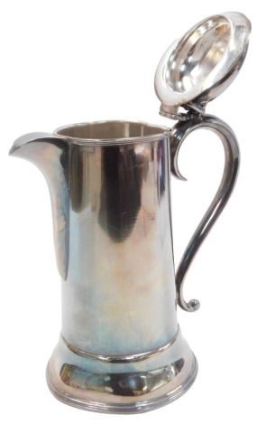 A silver plated communal water flagon, with a hinged lid, with moulded thumb piece, on scroll handle with acanthus leaf body, on a stepped foot, numbered 2819 and 44 to shield, 16cm high. (AF)