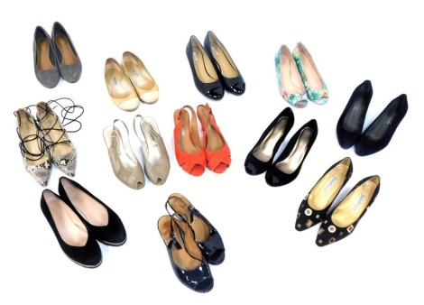 Various lady's shoes, predominantly sizes 4 and 4½, to include a pair of Jimmy Choo, ballet flats, Stewart Weitzman for Russell and Bromley open toed simulated multicoloured snake skin shoes with small wedge heel, Russell and Bromley navy blue...