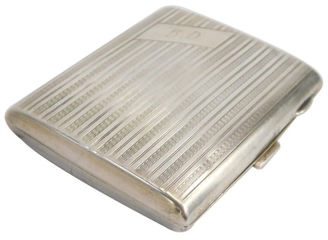 A George V silver cigarette case, with engine turned decoration, reserve monogram engraved, Birmingham 1924, 2.76oz.