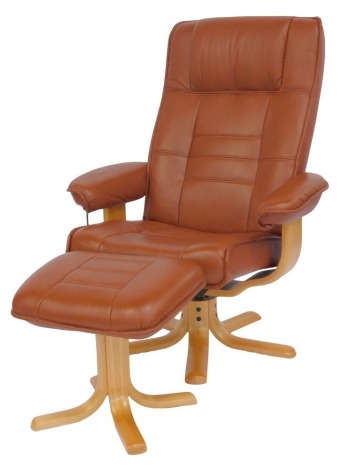 A Stressless style armchair, upholstered in brown leather, on a beech base, with matching footstool.