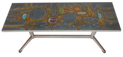 A 1970s chrome framed tile top coffee table, the top decorated with an abstract roundel and drip design in yellows, blues, greens, reds, etc., against a turquoise ground, on two columns with out splayed legs united by stretcher, 42cm high, the...