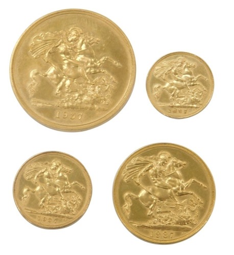 A Royal Mint George VI 1937 gold specimen coin set, comprising five pound, two pound, full and half sovereign, in fitted case.