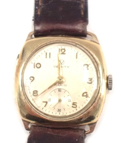 A Verity 9ct gold cased gent's wristwatch, the square set dial with circular dial and silvered back, with gold hands and seconds dial, the case inscribed Charles T Sharland 2.4.34, on a brown leather strap, 3cm diameter.