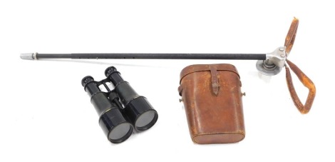 A pair of ebonised brass and leather field binoculars, unmarked, in leather case, and a Middlemores Seatanstick shooting stick. (2)