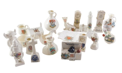 A quantity of crested china, to include a Goss Norwegian horse shaped beer bowl, other Goss vessels, Lincoln Imp, fisherman, etc. (1 tray)