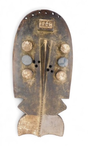 Tribal Art. Grebo/Kru/Krou tribe, a tubular shield mask with pin hole eyes, collected from village near Pleebo, Liberia, 39cm high.