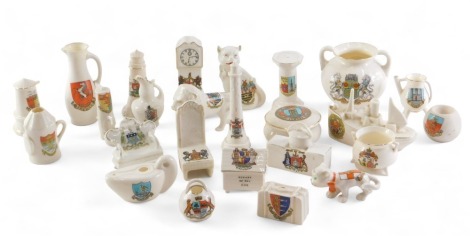 A quantity of crested china, to include a Great Yarmouth sports bag, cats, boat, longcase clock, a Goss model of an ancient Pipkin, water pump, etc.