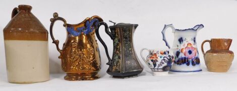 Miscellaneous ceramics, to include a Stiff and Co stoneware jug, lustre jug, stoneware jar stamped John C Laxton of Ely, etc.