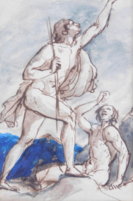 William Etty (1787-1849). Two male figures in landscape, ink and watercolour, 12.5cm x 8cm. Label verso The Brook Street Art Gallery Ltd, London.