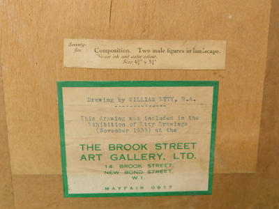 William Etty (1787-1849). Two male figures in landscape, ink and watercolour, 12.5cm x 8cm. Label verso The Brook Street Art Gallery Ltd, London. - 5