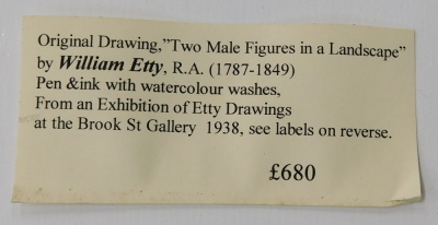 William Etty (1787-1849). Two male figures in landscape, ink and watercolour, 12.5cm x 8cm. Label verso The Brook Street Art Gallery Ltd, London. - 6