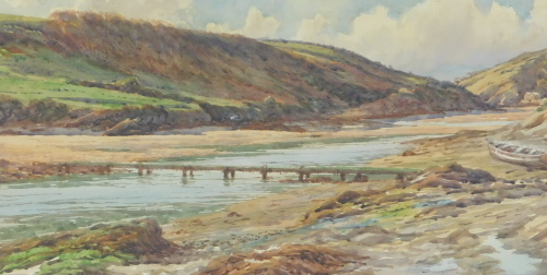 Douglas Houzen Pinder (1886-1949). Trethellan Footbridge, watercolour, signed and titled, 23cm x 43cm.