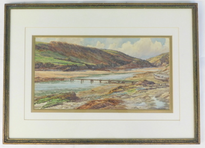 Douglas Houzen Pinder (1886-1949). Trethellan Footbridge, watercolour, signed and titled, 23cm x 43cm. - 2