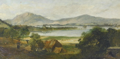 Horatio McCulloch (1805-1867). View of a Loch, oil on board, attributed on mount, 25cm x 49.5cm. Label verso McTears, Lot 90, 01/11/11.