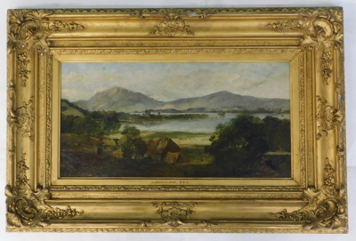 Horatio McCulloch (1805-1867). View of a Loch, oil on board, attributed on mount, 25cm x 49.5cm. Label verso McTears, Lot 90, 01/11/11. - 2