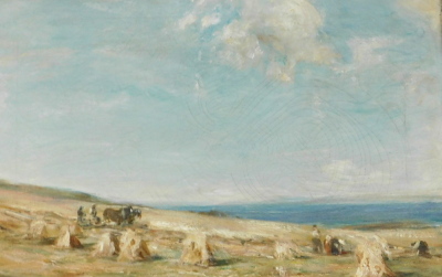 James Lawton Wingate (1846-1924). Harvest, oil on canvas, signed and titled verso, 32.5cm x 50.5cm. Label verso George Davidson Ltd, Glasgow Carlton Gallery, Edinburgh.