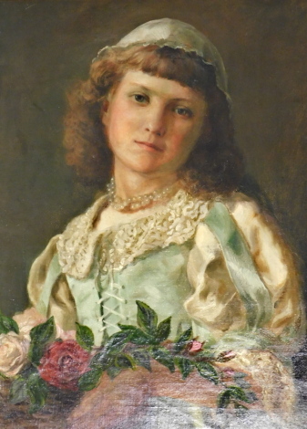 19thC School. Young maiden with posy of flowers, oil on canvas, 50cm x 37cm.