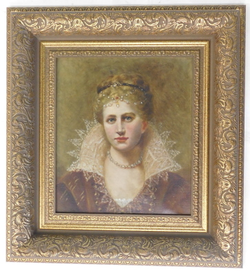 19thC School. Head and shoulders portrait lady wearing pearls, oil on canvas, 39cm x 33cm. - 2