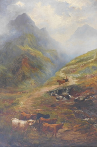 19thC School. Highland cattle in mountain landscape, oil on canvas, 96.5cm x 66.5cm.