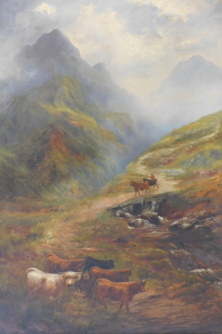 19thC School. Highland cattle in mountain landscape, oil on canvas, 96.5cm x 66.5cm.