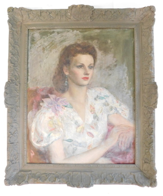 20thC British School. Half length portrait of a seated lady, oil on canvas, 62cm x 49cm. - 2