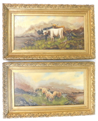 F.E. Webster (19thC/20thC). Sheep and cattle, oils on canvas, signed and dated 1915, 28cm x 59cm - pair