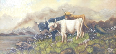 F.E. Webster (19thC/20thC). Sheep and cattle, oils on canvas, signed and dated 1915, 28cm x 59cm - pair - 2