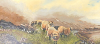 F.E. Webster (19thC/20thC). Sheep and cattle, oils on canvas, signed and dated 1915, 28cm x 59cm - pair - 3