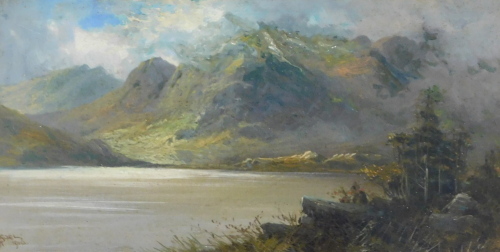 John Henry Boel (act. 1890-1915). Mountain lake scene, oil on canvas, signed and dated 1910, 20cm x 39.5cm.