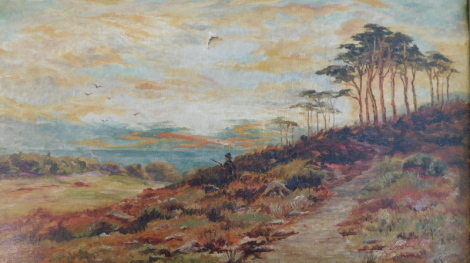 E. Grimble (19thC/20thC). Hunter at Sunset, oil on canvas, signed, 19.5cm x 34.5cm.