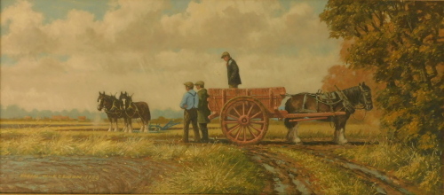 Robin Wheeldon (b.1945). Muck Cart and Plough Team, oil on board, signed, dated 1983, titled verso, 24.5cm x 55cm.