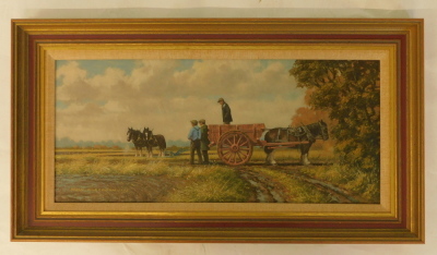 Robin Wheeldon (b.1945). Muck Cart and Plough Team, oil on board, signed, dated 1983, titled verso, 24.5cm x 55cm. - 2