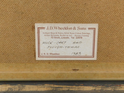 Robin Wheeldon (b.1945). Muck Cart and Plough Team, oil on board, signed, dated 1983, titled verso, 24.5cm x 55cm. - 5
