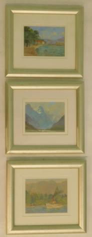 Malcom Mason. Akaroa waterfront, Earnslaw Queenstown, The Dart Valley, oils, three, signed, titled verso, 9.5cm x 12cm (3). Label verso Gadsby's Fine Art.