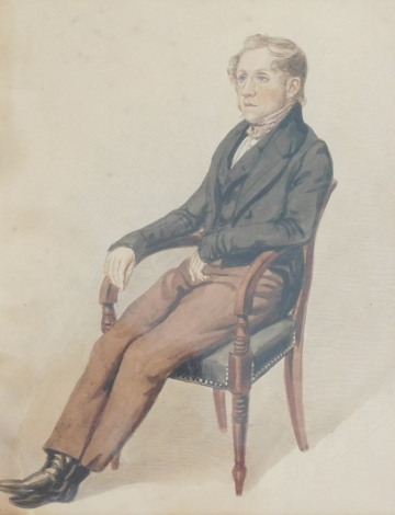 19thC School. Gentleman seated, watercolour, indistinctly signed, dated April 15 1840, 24cm x 18cm. Label verso H.W. Heron and Son Ltd, Barton-on-Trent.