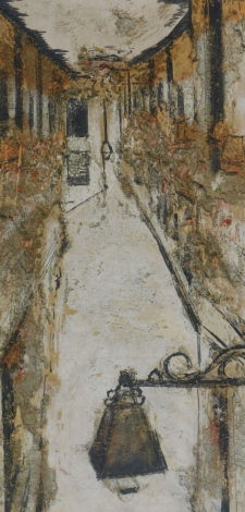 Lender. Street scene with lantern, mixed media, signed and dated 1969, 49cm x 23cm.