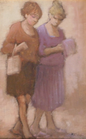 Kath Mallon. Ladies wearing red and purple dresses, oil on board, 28.5cm x 19cm.