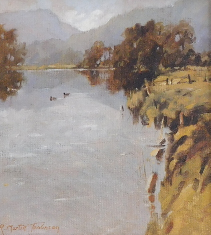 R. Martin Tomlinson (b.1945). River Bethany in flood (Near Waterhead), oil on board, signed, 21cm x 19cm.