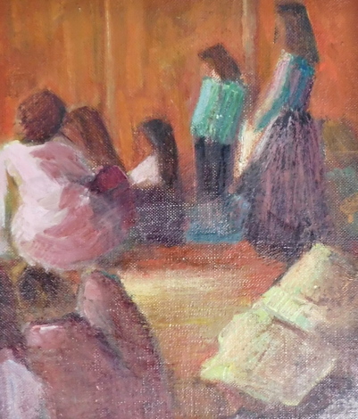 Attributed to Bernard Dunstan (1920-2017). Stretch of figures, oil on board, 19cm x 16cm. Attributed verso and bearing date 1976.