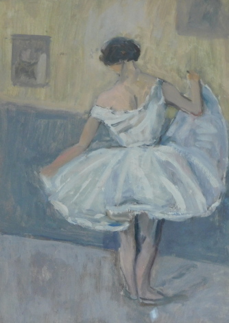 André Baugé (20thC). Lady in white dress, oil on board, Atelier stamp verso, 32.5cm x 24cm.