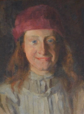 20thC Continental School. Portrait of a lady wearing a red hat, oil on board, 39cm x 29cm.