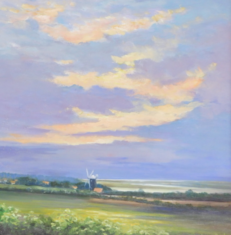 Shirley Carnt (20thC). Summer Evening Burnham Overy Mill, oil on board, signed and titled verso, 44.5cm x 44.5cm. Label verso The Stable Gallery, Kelling Hall.