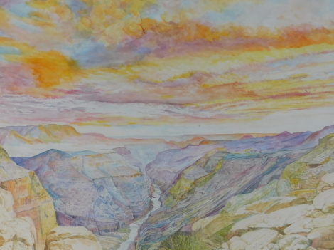 Dale Bratcher (1932-2015). Sunset above Lava falls, watercolour, signed and titled verso, 74cm x 99cm. Provenance: Morphets of Harrogate 2014.