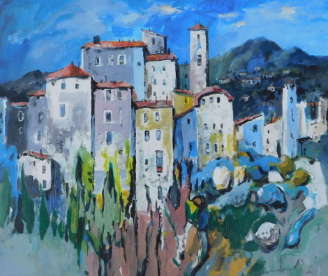 Richard Thornton (b.1922). Continental village scene, possibly Tuscany, oil on board, signed, 50cm x 60cm.