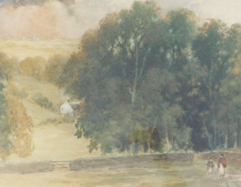 George Sykes (19thC/20thC). Landscape with figures, trees and cottage, watercolour, signed, 50cm x 65cm.