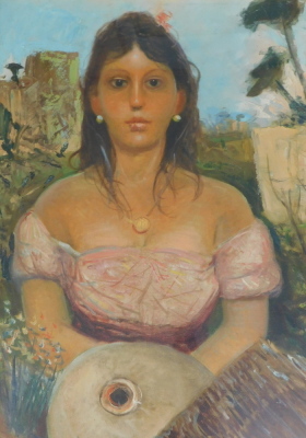 20thC Continental School. Portrait of a young maiden, oil on canvas laid on board, indistinctly signed, 65cm x 46cm.