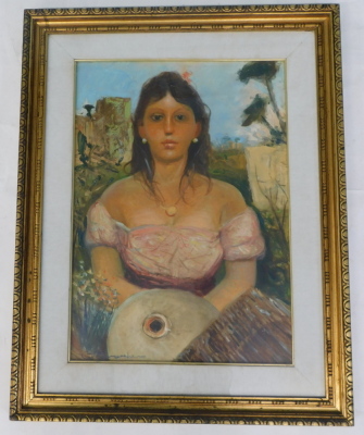 20thC Continental School. Portrait of a young maiden, oil on canvas laid on board, indistinctly signed, 65cm x 46cm. - 2