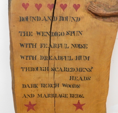 Peter Eugene Ball (b.1943). Round and round, 'Wendigo', wood carving with verse, with letter of authentication, 117cm x 40cm. - 3