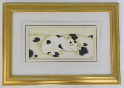 Linda Jane Smith (b.1962). White cat with black spots, watercolour, initialled, 12cm x 26cm. Label verso Halcyon Gallery Birmingham. - 2